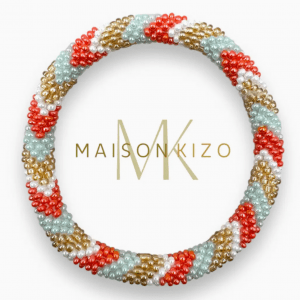 Pulsera Nepalí coral, dorado azul y blanco