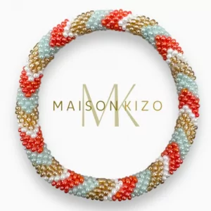 Pulsera Nepalí coral, dorado azul y blanco