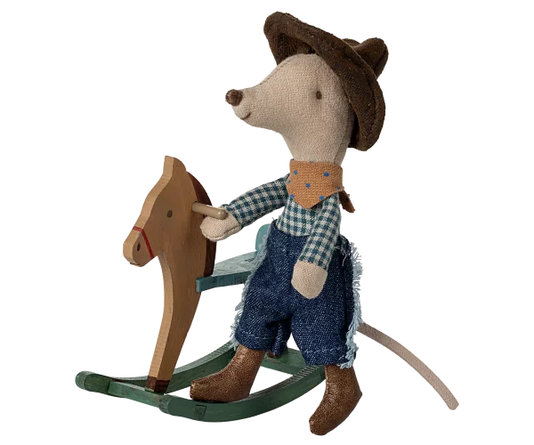 Ratón vaquero con caballito balancín de Maileg