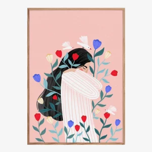 Alternative view of Print Mujer con palomas y tulipanes - Retrato naíf folclórico de Bea Müller