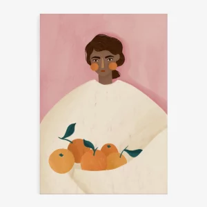 Print Mujer con naranjas – Retrato folclórico naíf de Bea Müller