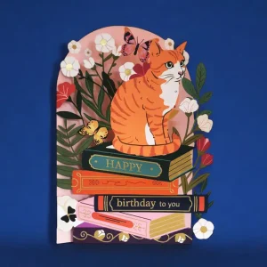 Postal troquelada Happy Bday Gato y Libros de Alljoy Design